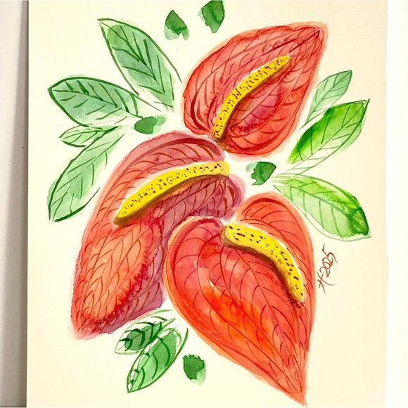 Valentine Anthurium Original Wall Art Watercolor Painting Matted 8x10in - Picture 1 of 8